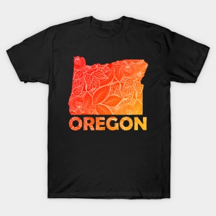 Colorful mandala art map of Oregon with text in blue and violet Colorful mandala art map of Oregon with text in red and orange T-Shirt